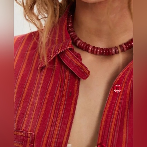 #285 NWT Free People Christopher Linen Shirt in Red Combo - Picture 4 of 5